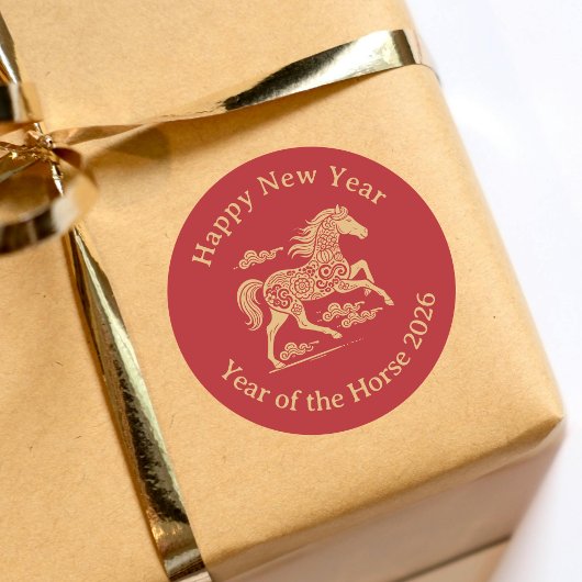 Happy Chinese Lunar New Year of the Horse Red Gold ラウンドシール