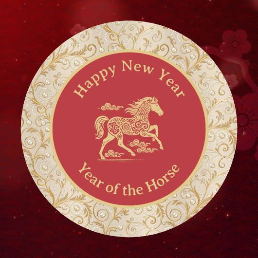 Happy Chinese New Year of Horse Elegant Gold Red  ラウンドシール