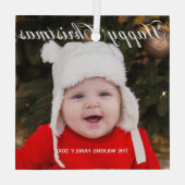 Happy Christmasエレガント White Scriptベビー写真 ガラスオーナメント (裏面)