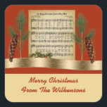 Happy Christmasヴィンテージ音楽とPine Boughs スクエアシール<br><div class="desc">このシールは、包装紙、組織、および抱き枕デザインと連携する。名前やクリスマスメッセージの追加などもし、必要に応じて「TO:」および「FROM書:」フィールドを編集できる。重要：セクションの文字を編集パーソナライズされたし、サンプル名を自分の名前に置き換えるか、メッセージを変更する。音楽バフの休日のステッカーを探してる？それともあなたは音楽先生やオーケストラのメンバー与えやミュージシャンへの贈り物か？それともあなたは特別な楽器や音楽に関連した贈り物を包むのか？このデザインは、ヴィンテージ音楽のスコアを備え、フェスティバルの松の枝、ヒイラギ、黄金の湾曲したリボンでオフに設定。</div>