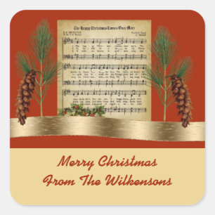 Happy Christmasヴィンテージ音楽とPine Boughs スクエアシール