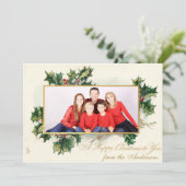 Happy Christmas写真ヴィンテージホリー&カリグラフィー シーズンカード (スタンド正面)