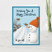 Happy Christmas Card Snowman Bird Winter Scene カード (正面)