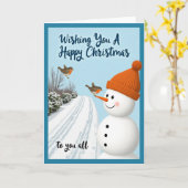 Happy Christmas Card Snowman Bird Winter Scene カード (黄色い花)