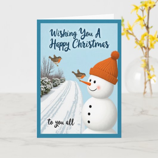 Happy Christmas Card Snowman Bird Winter Scene カード (黄色い花)