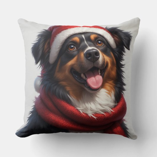 Happy Christmas Dog Portrait in Santa Hat クッション (正面)
