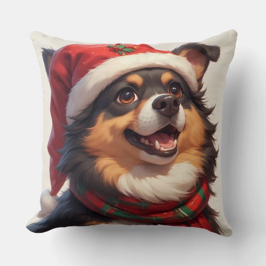 Happy Christmas Dog Portrait in Santa Hat クッション (正面)