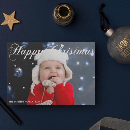 Happy Christmas Family Photo White Cursive Script シーズンカード