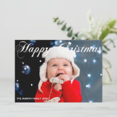 Happy Christmas Family Photo White Cursive Script シーズンカード (スタンド正面)