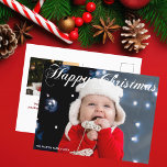 Happy Christmas Family Photo White Cursive Script ポストカード<br><div class="desc">白エレガントで美しい草書とクリスマスの写真はがき。このモダン休日の家族の写真ハガキは豪華なタイポグラフィとフルブリード写真の上にあなたの名前を白で特色。背面に2番目のフェスティバル写真を追加。</div>