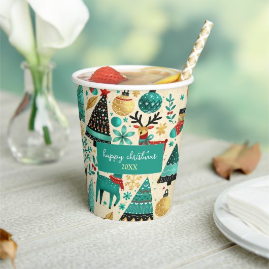 Happy Christmas – Festive Trees & Reindeer 紙コップ (インサイチュ)