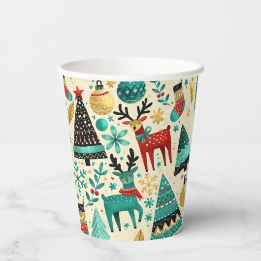 Happy Christmas – Festive Trees & Reindeer 紙コップ (裏面)