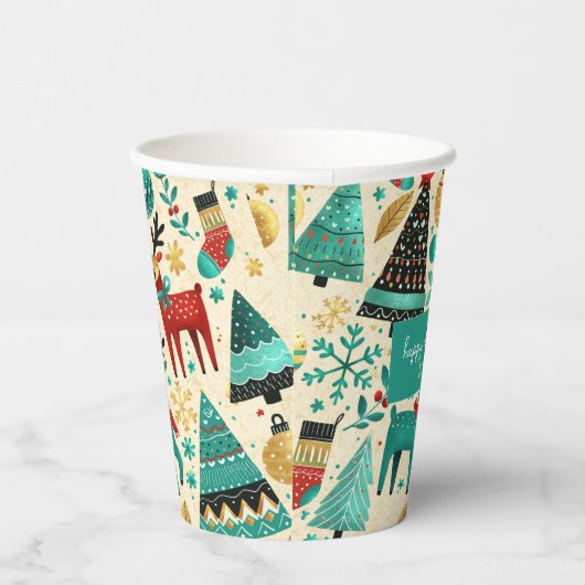 Happy Christmas – Festive Trees & Reindeer 紙コップ (右)