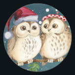 HAPPY CHRISTMAS OWLクラシック CIRALステッカー ラウンドシール<br><div class="desc">水魅力的色イラストレーションはクリスマスに恋をするフクロウ2匹を描く</div>