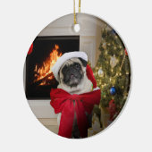 Happy Christmas Pug Misha with Bow セラミックオーナメント (左)