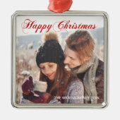 Happy Christmas Red Script エレガント Coule Photo メタルオーナメント (正面)