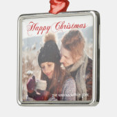 Happy Christmas Red Script エレガント Coule Photo メタルオーナメント (左)