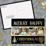 Happy Christumkah メリー 4フォトブラック&金ゴールド 箔シーズンポストカード<br><div class="desc">こので独自の実在金ゴールドフォイルの休日のグリーティングポストカードを作成シンプルしエレガント、4つのフォトデザインにブラックと金ゴールドにクリスマスの様式化されたツリーとハヌカーのためのミニマル（ユダヤ教）メノラーを持つ。ハッメリー・クリスムカ！4枚の写真をお気に入りのテンプレートアップローダーを使って追加シンプルし、写真が広い金ゴールドフォイルストリップに黒で囲まれた丸い角で表示されるのを見る。HAPPYメリーは、まだはっきりしたフォントの休日のポストカードの上で違うお洒落、わずかに様式化されたフォントでクリスムカHAPPYによってバランスが取られ、クラシックの黒い背景に金ゴールド箔で印刷さエレガントれ、クリスマスツリーと（ユダヤ教）メノラーによってフランクされている。各パーソナライズされた葉書は逆に黒を示す縁どと、上部にあなたの差出人住所を追加するためのオプションと離れ、中央にテンプレート休日の挨拶を追加するためのオプション。クリスマスとハヌカー祝は、異教徒の家族の中で一緒に考えて作られた、これらの黒と実在金ゴールドフォイルのCHRIMSUKKAHフォトポストカードは、今年の休日の応援を広めるクリエイティブと方法カジュアルである。</div>