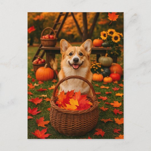 Happy Corgi Autumn Park Fall Leaves Postcard シーズンポストカード (正面)