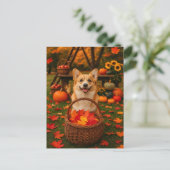 Happy Corgi Autumn Park Fall Leaves Postcard シーズンポストカード (スタンド正面)