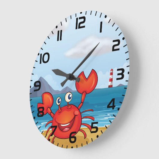 Happy Crab on Beach with Lighthouse ラージ壁時計 (傾斜)