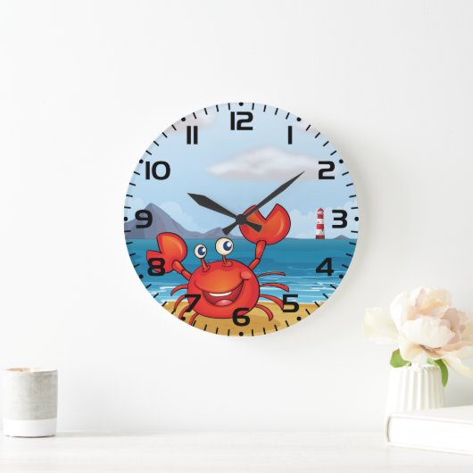 Happy Crab on Beach with Lighthouse ラージ壁時計 (ホーム)