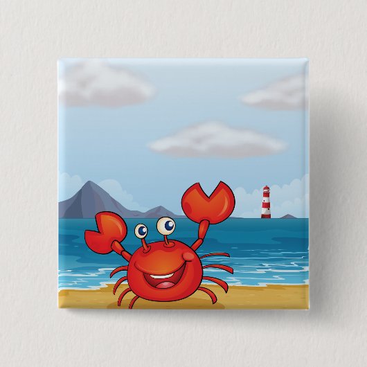Happy Crab on Beach with Lighthouse 缶バッジ (正面)