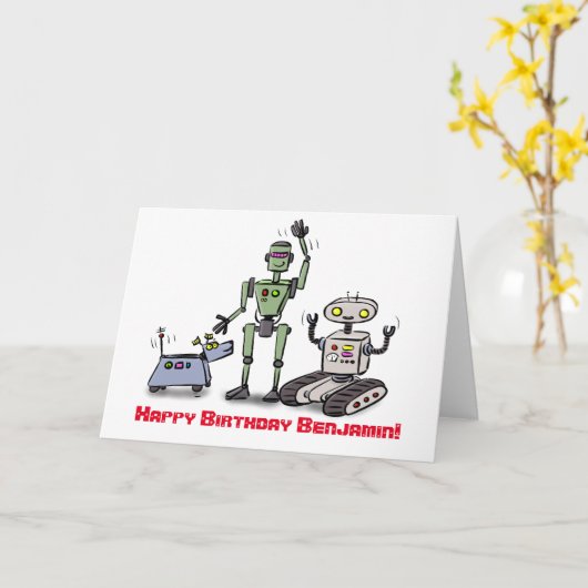 Happy cute robots cartoon birthday カード (黄色い花)