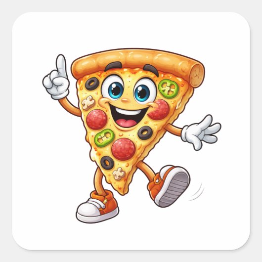 Happy Dancing Pizza Slice Cartoon Sticker スクエアシール (正面)