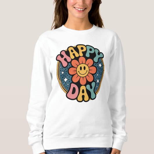Happy Day Retro Flower Smiley Face Groovy 70s Vibe スウェットシャツ (正面)