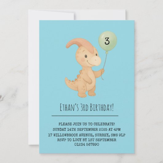 Happy Dino with Curved Crest and Balloon Birthday  招待状 (正面)