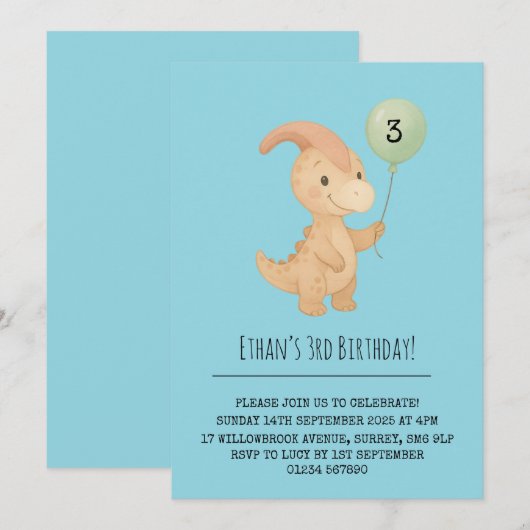 Happy Dino with Curved Crest and Balloon Birthday  招待状 (正面/裏面)