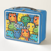 Happy Dinosaur Faces Crowded Pattern メタルランチボックス (正面)