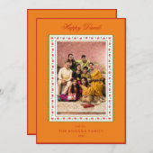 Happy Diwaliフォトマスタード&レッドフローラグリーティング シーズンカード (正面/裏面)