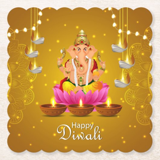 Happy Diwali with Diya, Rangoli and Ganesh ペーパーコースター (正面)