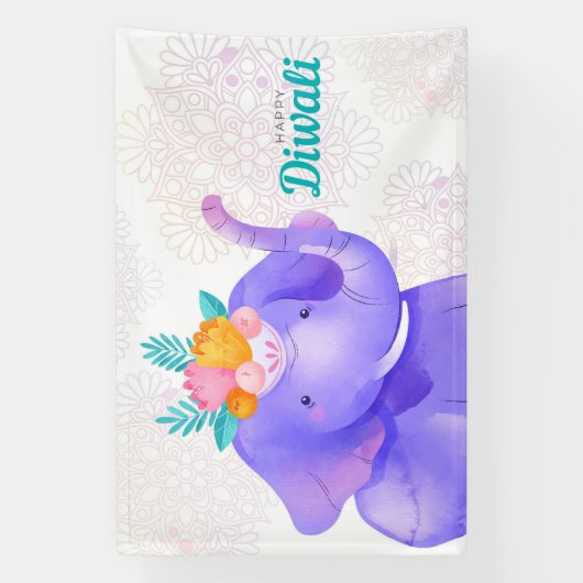 Happy Diwali with Rangoli and Elephant 横断幕 (縦)