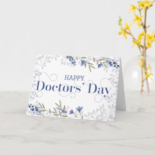 Happy Doctors' Day -渦巻形の文字と花ブルー カード (黄色い花)