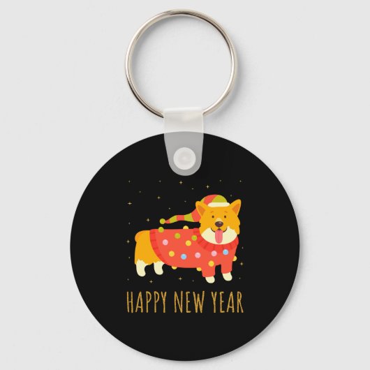 Happy Dog Corgi Celebrating New Year Cozy Christma キーホルダー (正面)