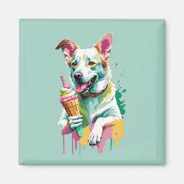 Happy Dog eating an ice-cream マグネット