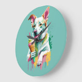 Happy Dog eating an ice-cream ラージ壁時計 (傾斜)