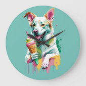 Happy Dog eating an ice-cream ラージ壁時計 (正面)