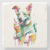 Happy Dog eating an icecream ストーンコースター (正面)