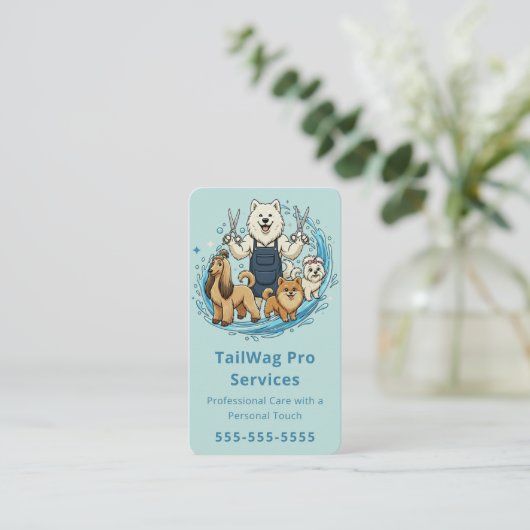 Happy Dog Grooming Cute Pet Sitter Modern Blue 名刺 (スタンド正面)