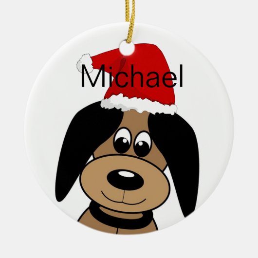 Happy Dog in Santa Hat Personalised セラミックオーナメント (正面)