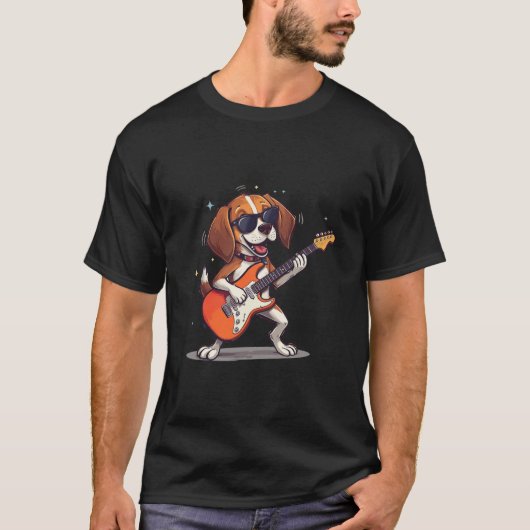 Happy Dog Rocker Playing Guitar with sunglasses Tシャツ (正面)