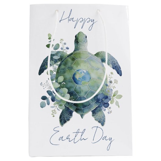 Happy Earth Day Turtle Design ミディアムペーパーバッグ (正面)