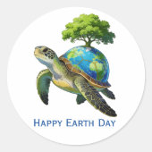 Happy Earth Day Turtle Planet and Trees ラウンドシール (正面)