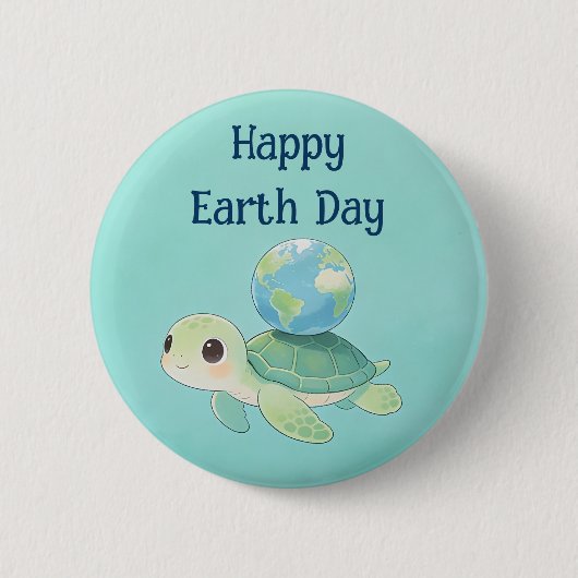 Happy Earth Day Turtle with Globe 缶バッジ (正面)