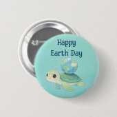 Happy Earth Day Turtle with Globe 缶バッジ (正面&裏面)