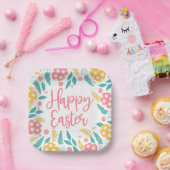 Happy Easter | ピンクアクアのイースターエッグと葉 ペーパープレート (パーティー)